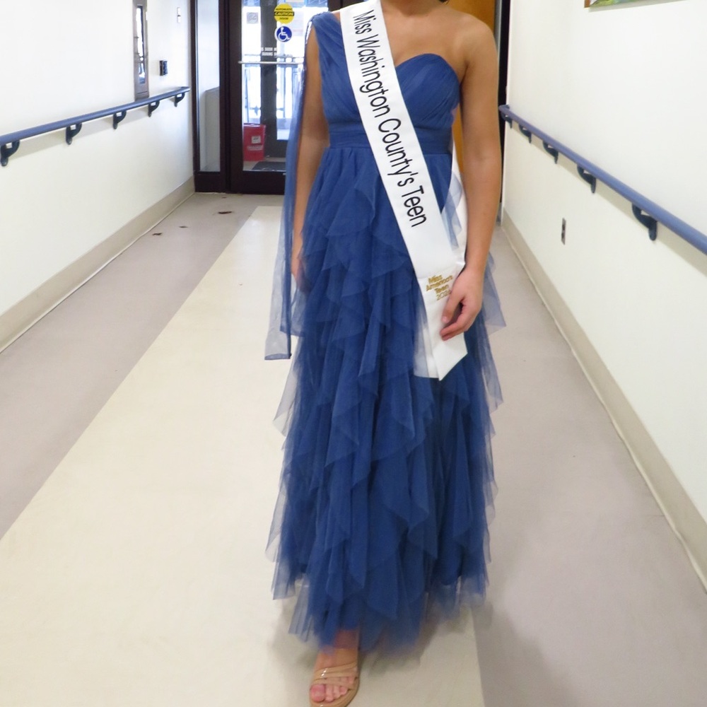 Blue One Shoulder Ruffled Tulle Maxi Dress